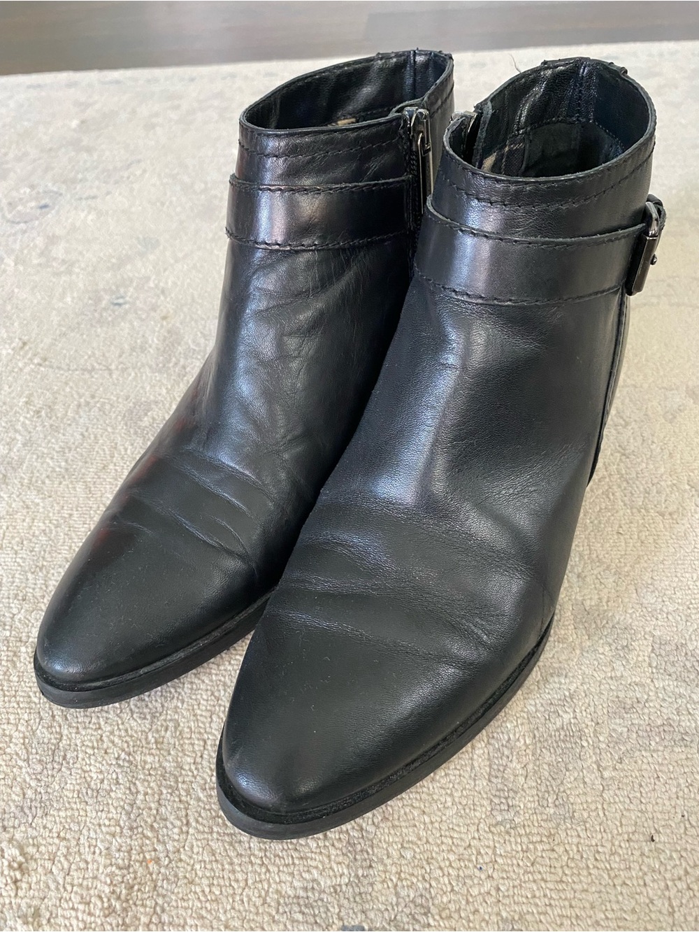 Aquatalia Fanny Leather Ankle Boots 7.5 Pointed Toe Buckle Booties